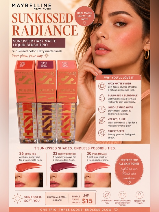 Maybelline Other - Sunkissed Radiance Maybelline Sunkisser Hazy Matte Liquid Blush Trio 36, 33, 30